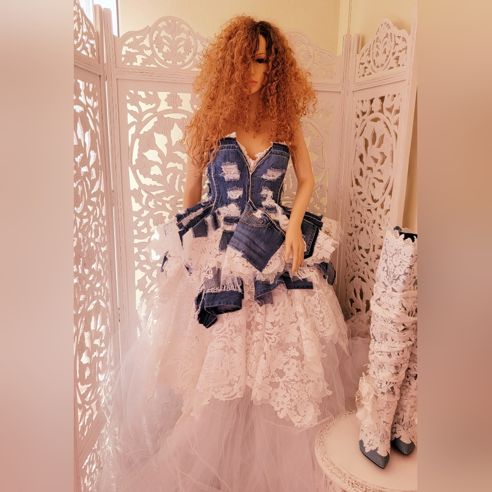 The "MOREA" Denim, Crystal & Lace Rustic Wedding Ballgown Set (Without Boots)